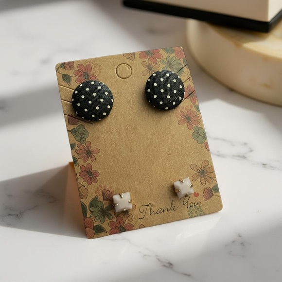 Vintage Inspired Black & white polka dot fabric stud earrings with ✮ 🅑🅞🅝🅤🅢 ✮ - Picture 1 of 10